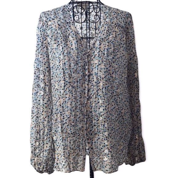 Shoshanna Confetti Silver Clip Metallic Print Sheer Pleated Long Sleeve Blouse - Picture 1 of 14